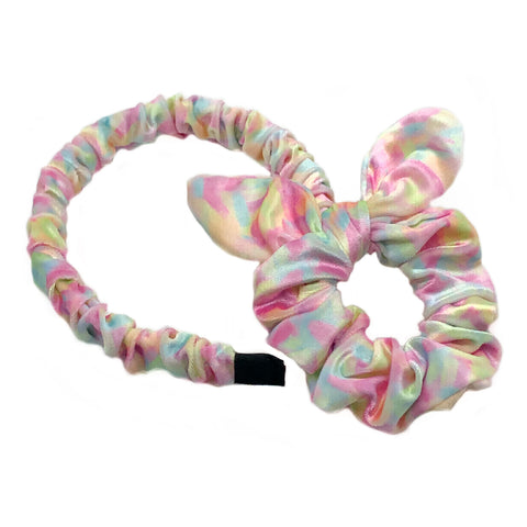 Pink Pastel Bunny Ear Scrunchie Headband Set