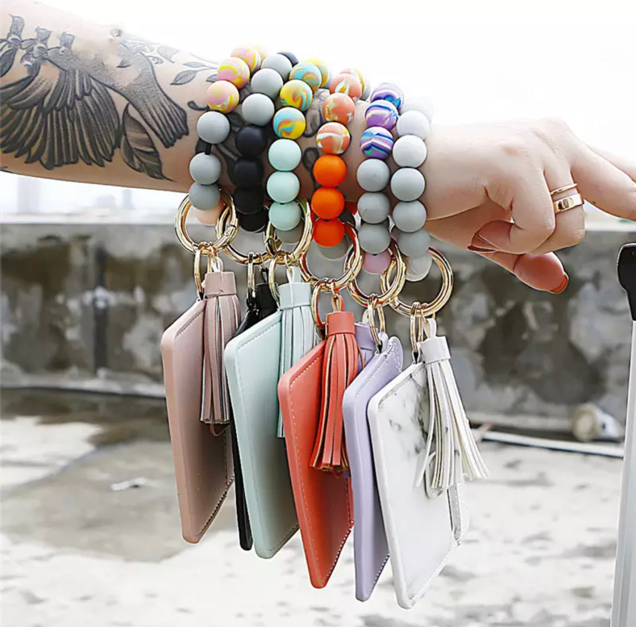 Stylish and Functional-PU Tassel Silicone Bead Bracelet Wallet With Keychain in Refreshing Mint Green for Everyday Convenience