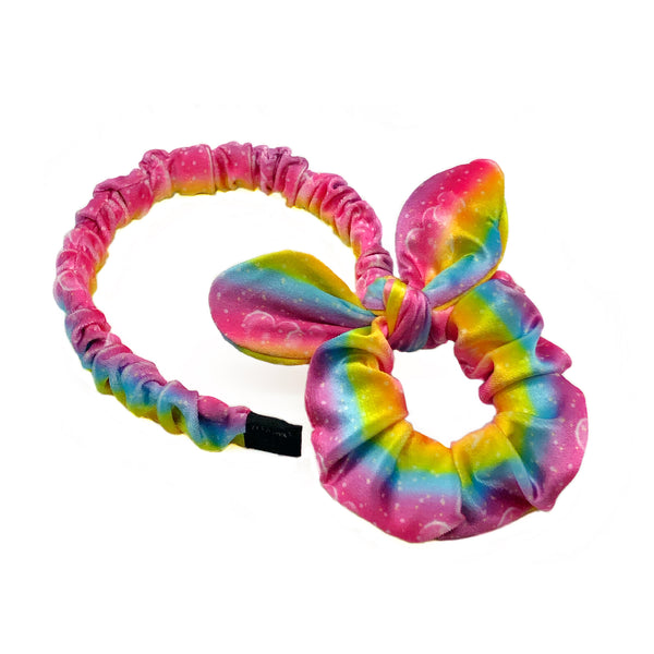 Pink Rainbow Bunny Ear Scrunchie Headband Set